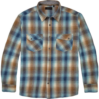 Front view of the Dkota Grizzly Men's Riley in Alpine Stream showing the plaid pattern and two chest pockets.