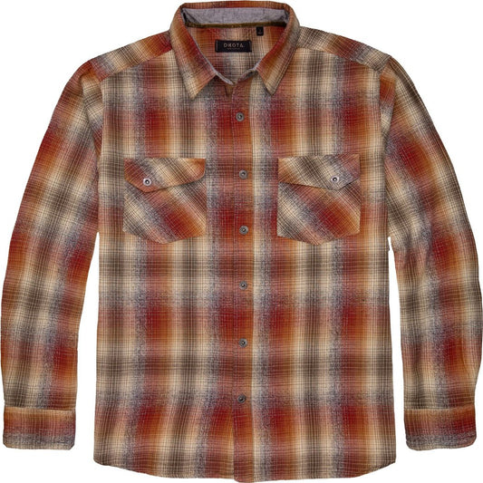 Front view of the Dkota Grizzly Men's Riley in Alpine Stream showing the plaid pattern and buttoned chest pockets.