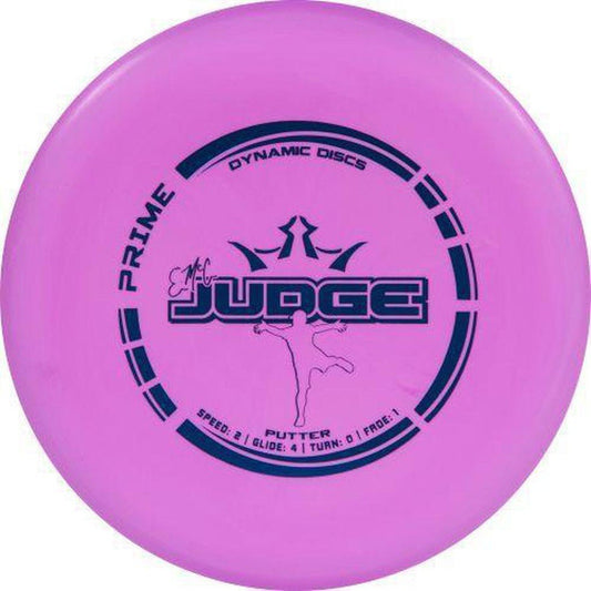 A top-down view of the pink Dynamic Discs Prime EMAC Judge disc golf putter with a white background.