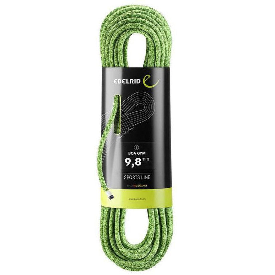 A green Edelrid Boa Gym 9.8mm climbing rope coiled on a black and yellow label against a white background.