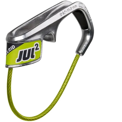 Side view of the Edelrid Skye Climbing Package with a green cable and silver metal carabiner against a white background.