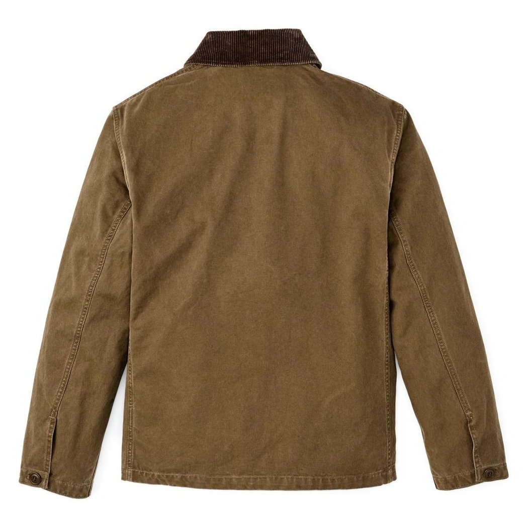 Back view of the Filson Canvas Outfitter Jacket in Kangaroo showing the brown corduroy collar and long sleeves.