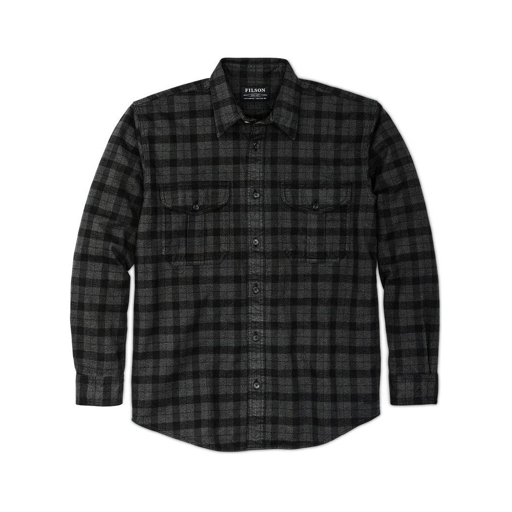 Front view of the Filson Men's Alaskan Guide Shirt in Heath Blk Plaid showing the button-up front and chest pockets against a white background.