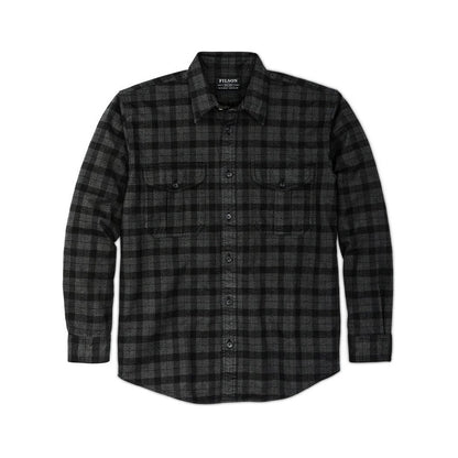 Front view of the Filson Men's Alaskan Guide Shirt in Heath Blk Plaid showing the button-up front and chest pockets against a white background.