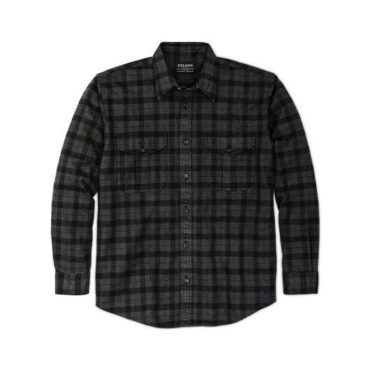 Front view of the Filson Men's Alaskan Guide Shirt in Heath Blk Plaid showing the button-up front and chest pockets against a white background.