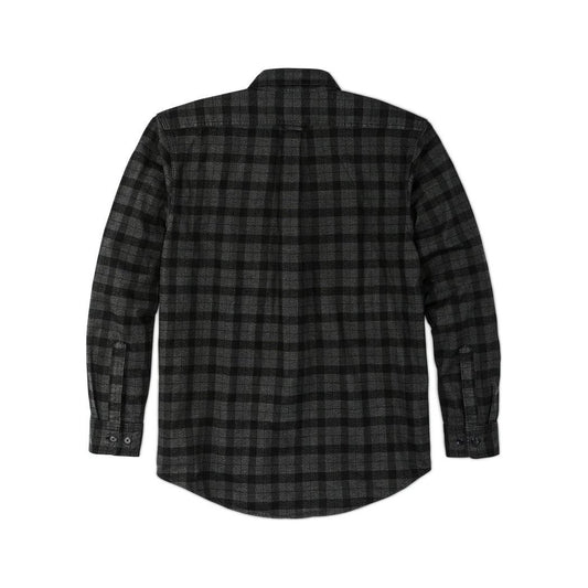 Back view of the Filson Men's Alaskan Guide Shirt in Heath Blk Plaid showing the long sleeves and button cuffs.