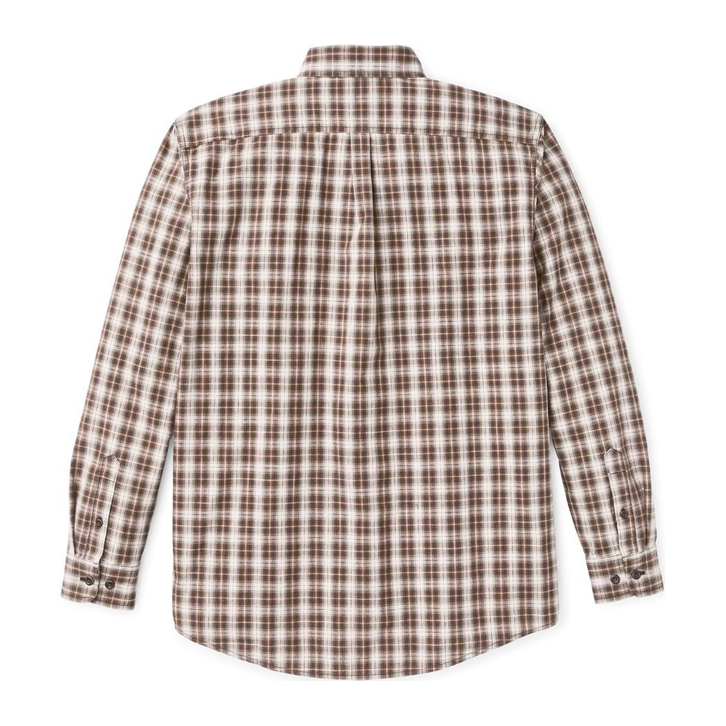 Back view of the Filson Men's Chambray Button-Down Shirt in Cascade PLaid showing long sleeves with button cuffs.