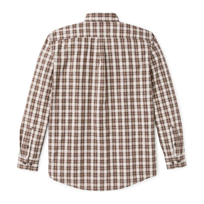 Back view of the Filson Men's Chambray Button-Down Shirt in Cascade PLaid showing long sleeves with button cuffs.