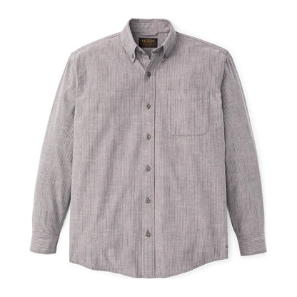 Front view of the Filson Men's Chambray Button-Down Shirt in Cascade PLaid with a single chest pocket and button-down collar.