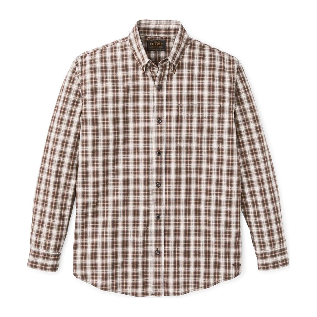 Front view of the Filson Men's Chambray Button-Down Shirt in Cascade PLaid with a button-down collar and long sleeves.