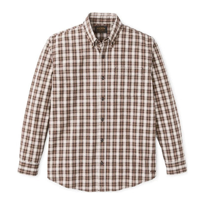 Front view of the Filson Men's Chambray Button-Down Shirt in Cascade PLaid with a button-down collar and long sleeves.