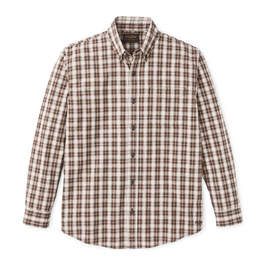 Front view of the Filson Men's Chambray Button-Down Shirt in Cascade PLaid with a button-down collar and long sleeves.