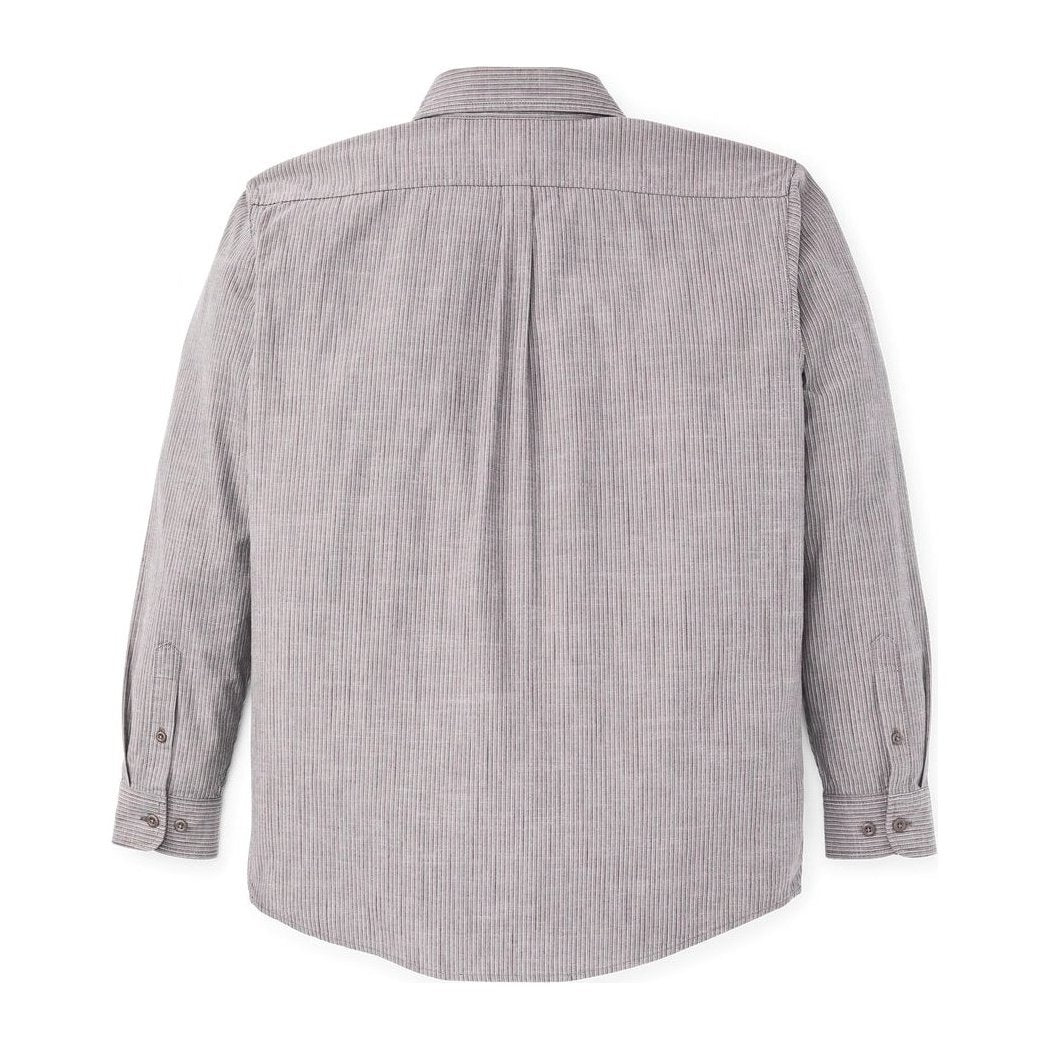 Back view of the Filson Men's Chambray Button-Down Shirt in Cascade PLaid showing the pleated back and buttoned cuffs.
