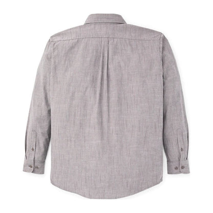 Back view of the Filson Men's Chambray Button-Down Shirt in Cascade PLaid showing the pleated back and buttoned cuffs.