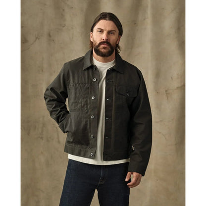 Front view of the Filson Men's Short Lined Cruiser in Beluga with a model wearing it against a neutral background.