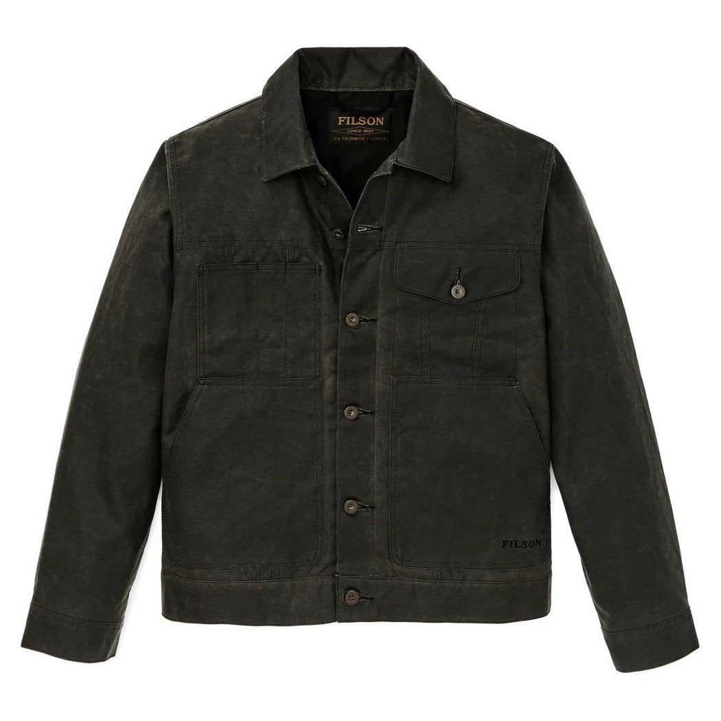 Front view of the Filson Men's Short Lined Cruiser in Beluga showing the buttoned front and chest pocket against a white background.