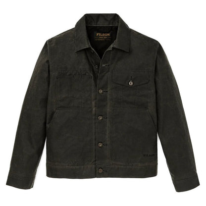 Front view of the Filson Men's Short Lined Cruiser in Beluga showing the buttoned front and chest pocket against a white background.