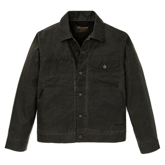 Front view of the Filson Men's Short Lined Cruiser in Beluga showing the buttoned front and chest pocket against a white background.