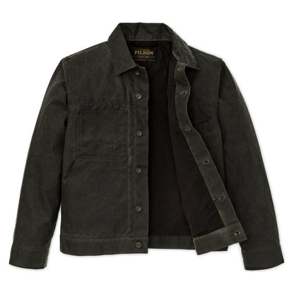 Front view of the Filson Men's Short Lined Cruiser in Beluga showing the buttoned front and open collar.