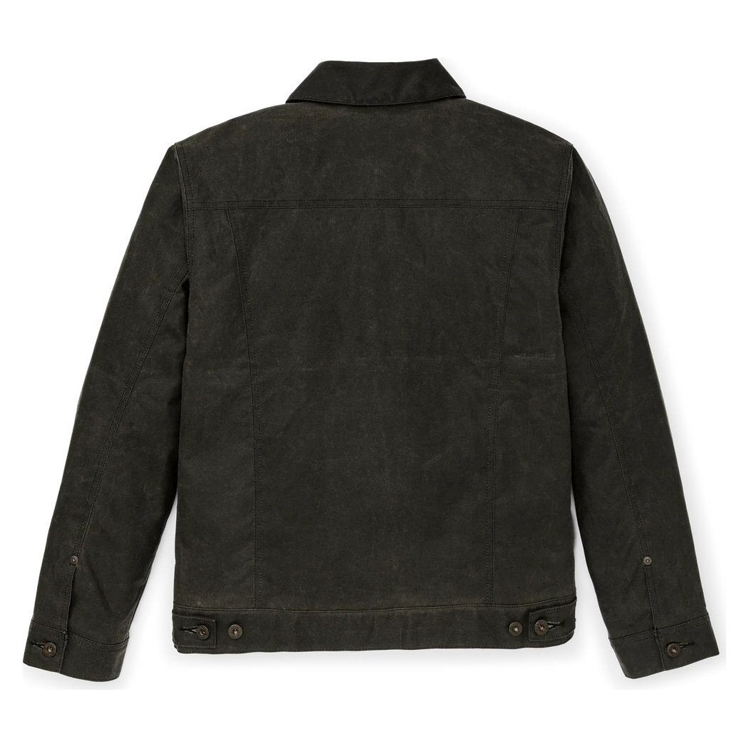 Back view of the Filson Men's Short Lined Cruiser in Beluga showing the buttoned cuffs and collar.