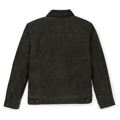 Back view of the Filson Men's Short Lined Cruiser in Beluga showing the buttoned cuffs and collar.