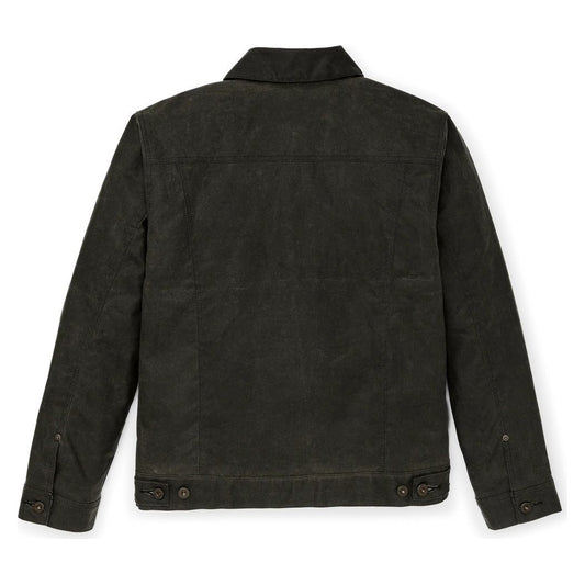 Back view of the Filson Men's Short Lined Cruiser in Beluga showing the buttoned cuffs and collar.