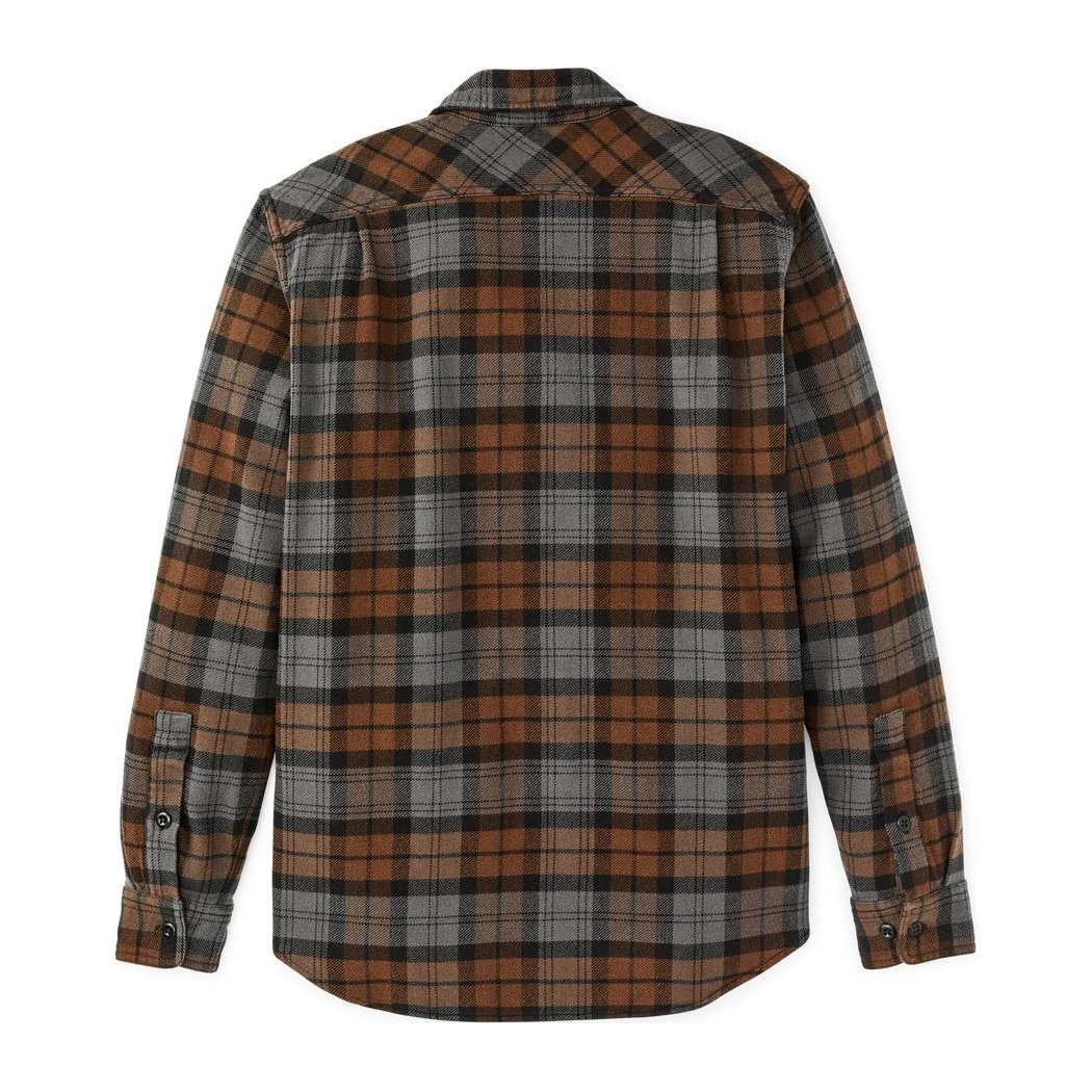 Back view of the Filson Men's Vintage Flannel Work Shirt in Brown showing the plaid pattern and buttoned cuffs.