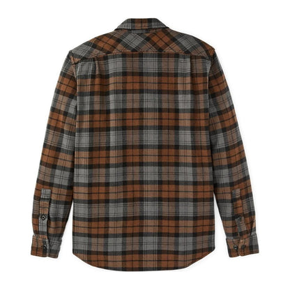 Back view of the Filson Men's Vintage Flannel Work Shirt in Brown showing the plaid pattern and buttoned cuffs.