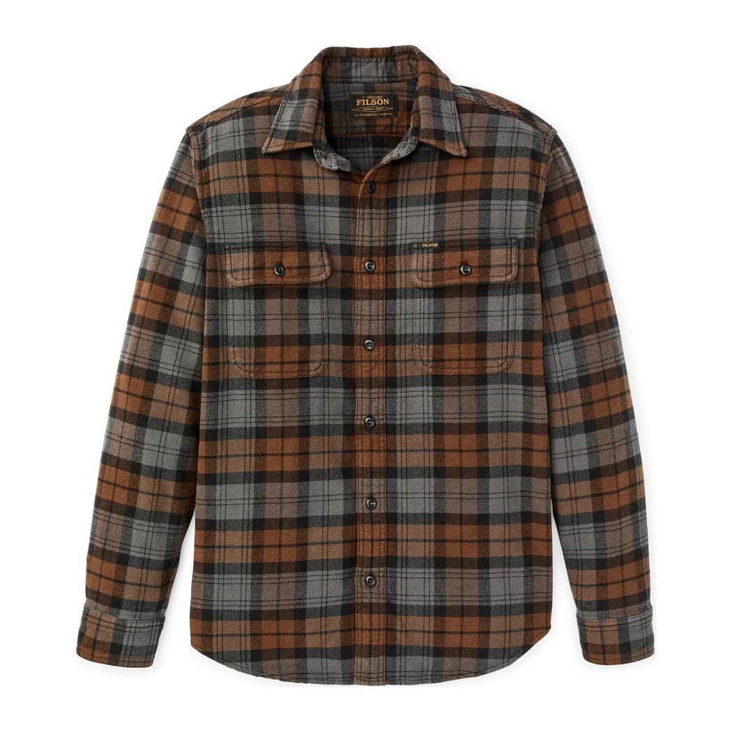 Front view of the Filson Men's Vintage Flannel Work Shirt in Brown showing the plaid pattern and buttoned chest pockets.