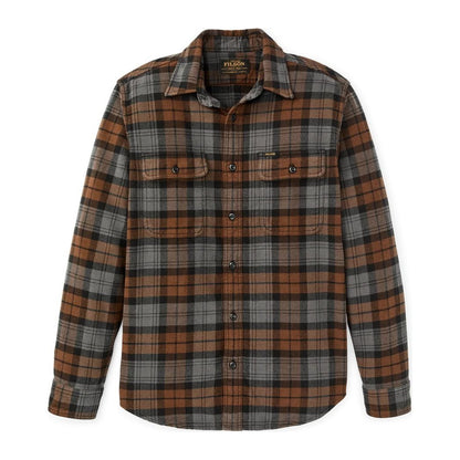 Front view of the Filson Men's Vintage Flannel Work Shirt in Brown showing the plaid pattern and buttoned chest pockets.