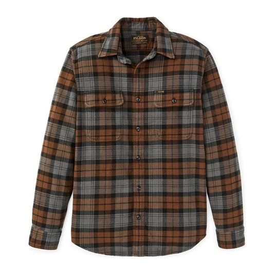 Front view of the Filson Men's Vintage Flannel Work Shirt in Brown showing the plaid pattern and buttoned chest pockets.