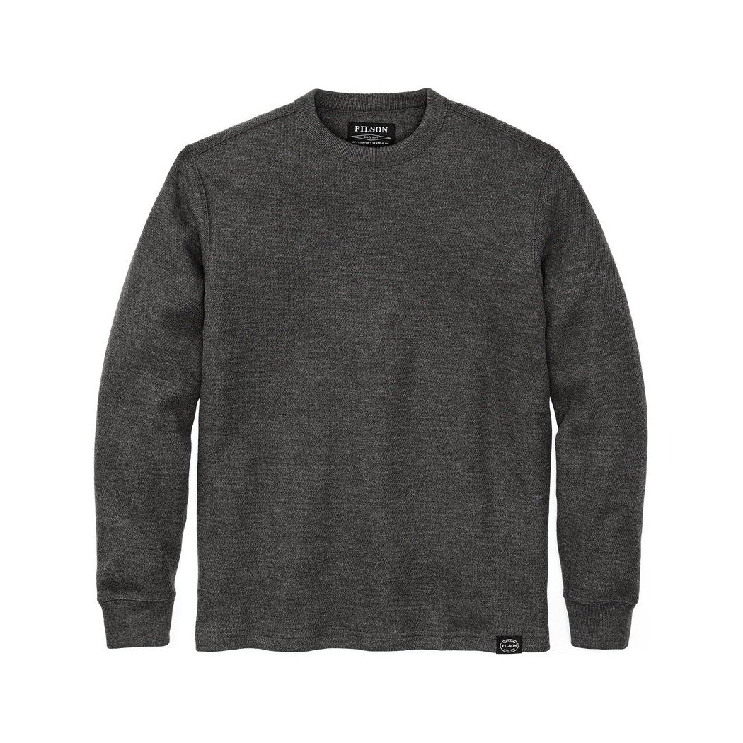 Front view of the Filson Men's Waffle Knit Thermal Crewneck in Charcoal showing the crewneck and long sleeves against a white background.