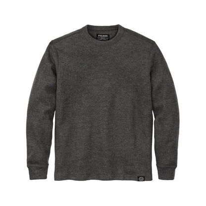 Front view of the Filson Men's Waffle Knit Thermal Crewneck in Charcoal showing the crewneck and long sleeves against a white background.