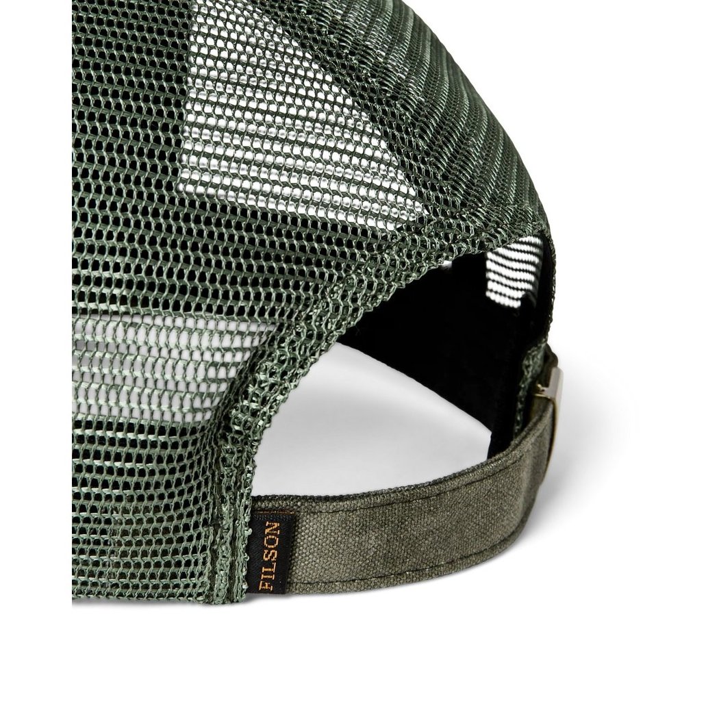Close-up of the Filson Scenic Waxed Logger Mesh Cap in Otter Green showing the mesh back and adjustable strap.
