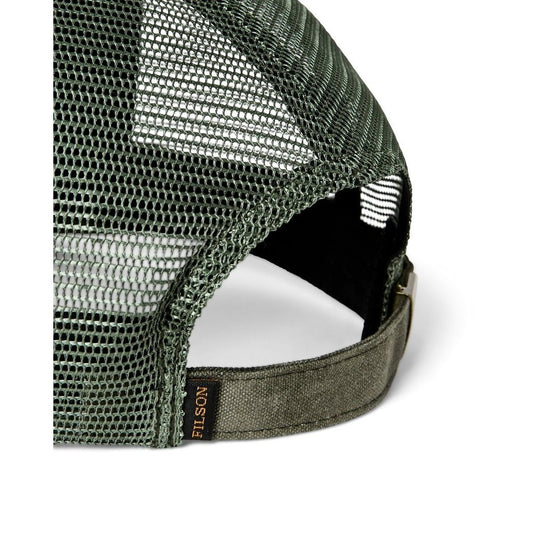Close-up of the Filson Scenic Waxed Logger Mesh Cap in Otter Green showing the mesh back and adjustable strap.