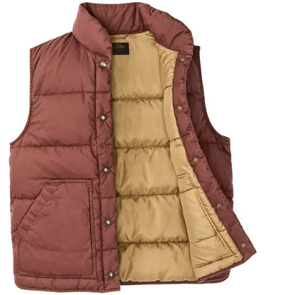 A front view of the Filson Womens Heritage Cotton Down Vest in SmokedPaprika showing the front pocket and button closure against a white background.