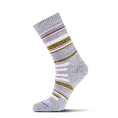 Side view of the FITS Women's Medium Hiker Crew sock showing the striped pattern against a white background.