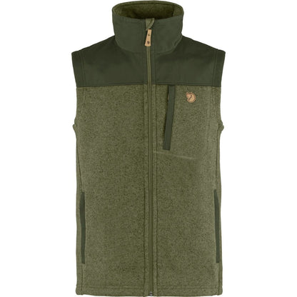 Front view of the Fjallraven Men's Buck Fleece Vest in Dark Navy with a high collar and zip closure.