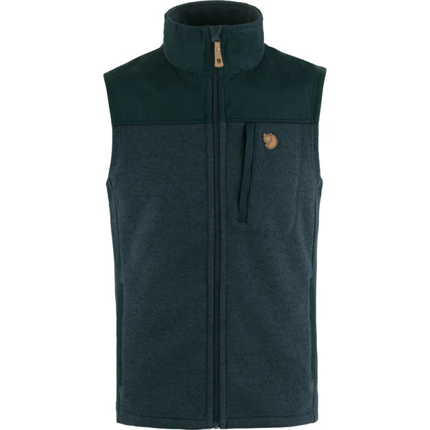 Front view of the Fjallraven Men's Buck Fleece Vest in Dark Navy with a high collar and zip closure.