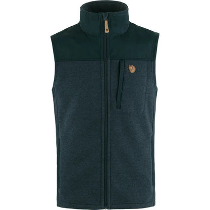 Front view of the Fjallraven Men's Buck Fleece Vest in Dark Navy with a high collar and zip closure.