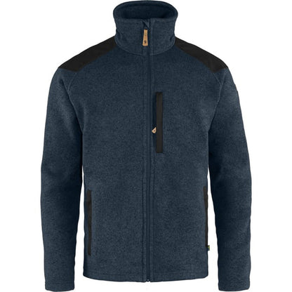 A front view of the Fjallraven Men's Buck Fleece in Chestnut showing the high collar and zippered chest pocket against a white background.