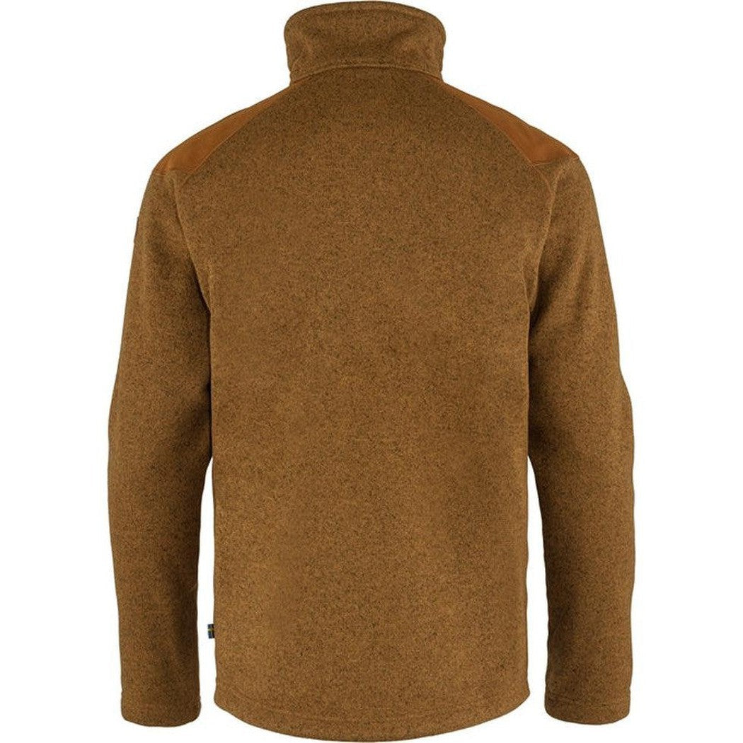 Back view of the Fjallraven Men's Buck Fleece in Chestnut showing the high collar and shoulder patches against a white background.