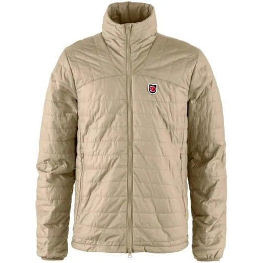 A front view of the Fjallraven Men's Expedition X-Latt Jacket in Fossil color, showing the high collar and logo on the chest against a plain white background.