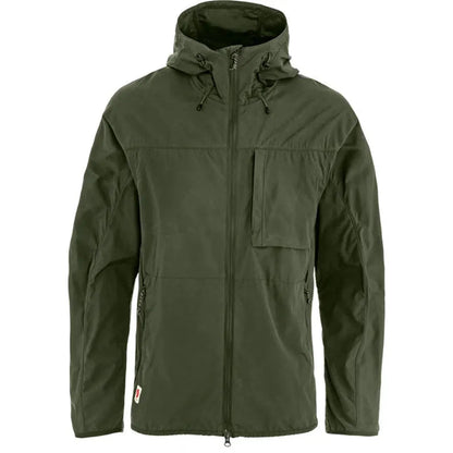 A front view of the Fjallraven Men's High Coast Wind Jacket in Deep Forest showing the hood and chest pocket against a white background.