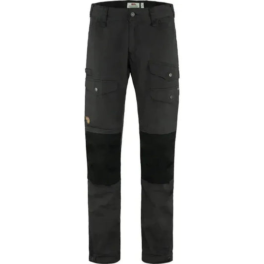 Front view of the Fjallraven Men's Vidda Pro Ventilated Trs in Dark Grey-Black showing the knee pads and cargo pockets against a white background.