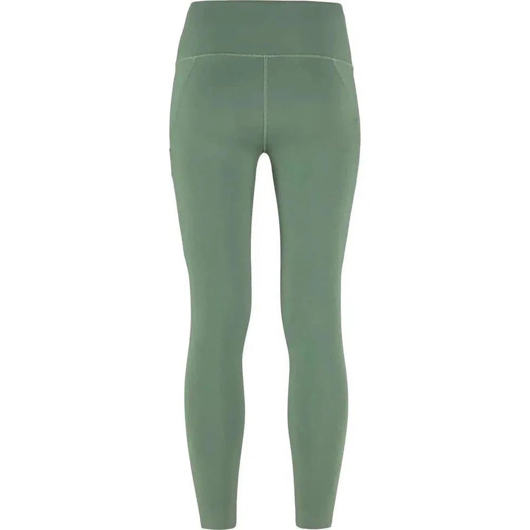 Back view of the Fjallraven Women's Abisko Tights in Patina Green against a white background.