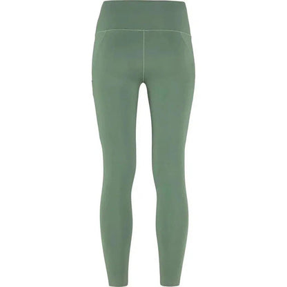 Back view of the Fjallraven Women's Abisko Tights in Patina Green against a white background.