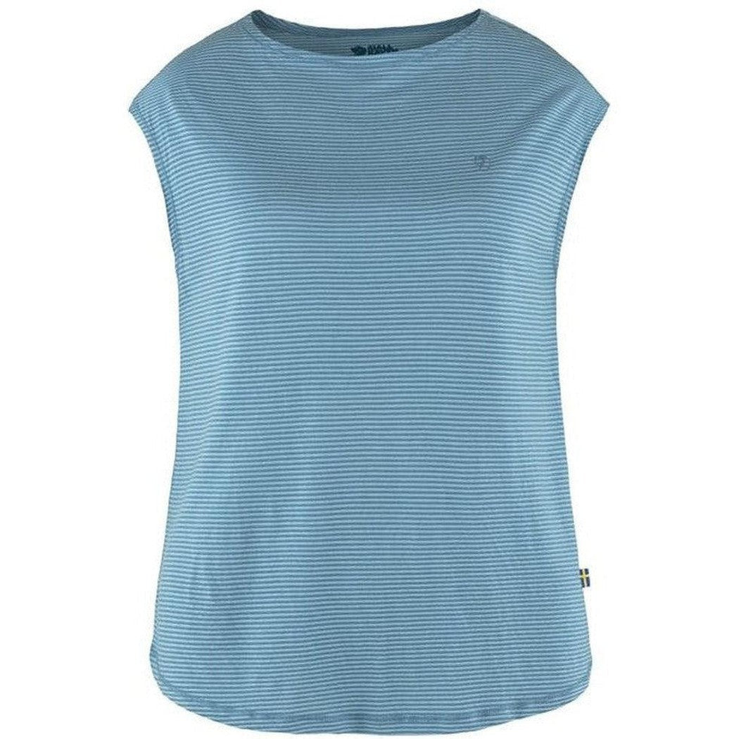 A front view of the Fjallraven Women's High Coast Cool T-Shirt in Dawn Blue with a small tag on the lower right side.