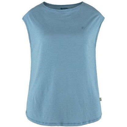 A front view of the Fjallraven Women's High Coast Cool T-Shirt in Dawn Blue with a small tag on the lower right side.