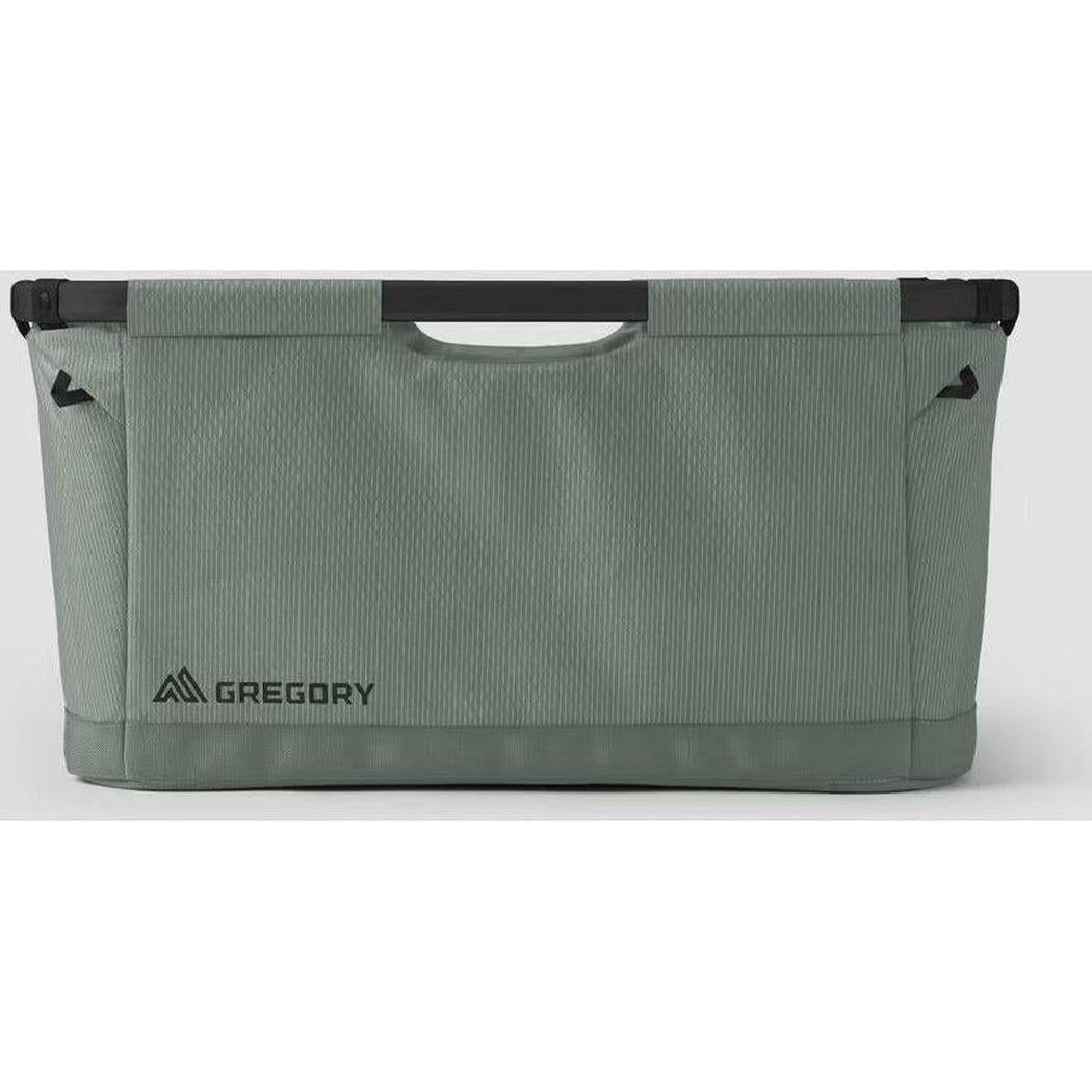 Back view of the Gregory Alpaca Gear Basket 70 in Nomad Green showing the top handle and logo against a white background.